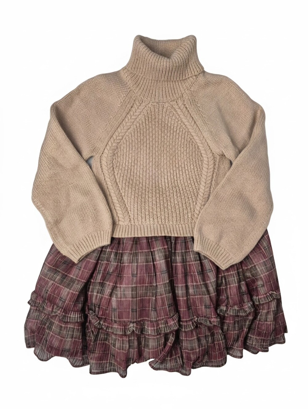 Happily Grey Girls Shimmer Sweater Plaid Tiered Dress Beige Burgundy Small 5-6